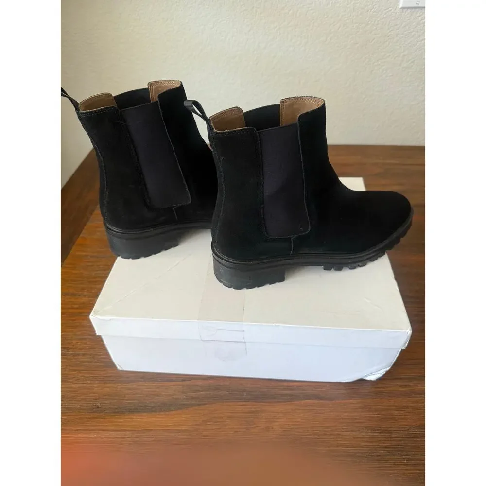Quince Black Suede Leather Chelsea Ankle Boots Lug Sole Pointed Toe Classic 8